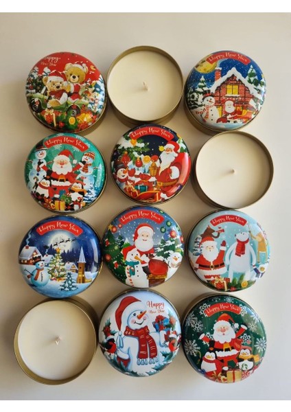 Yılbaşı Baskılı Metal Kutu Mum Happy New Year 5 Li modelleri