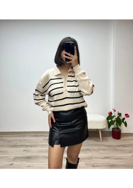 Polo Yaka Basic Çizgili Kazak
