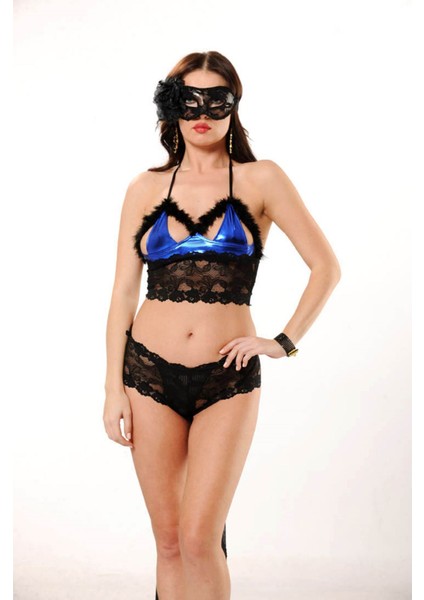 Mavi Siyah Deri ( Lame ) Dantelli Gecelik - 457 fırsatları