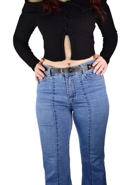 Deri, Gümüş Tokalı Ince 2 cm Koyu Kahverengi Kadın Kemeri; Elbise, Pantolon Kemeri_düz