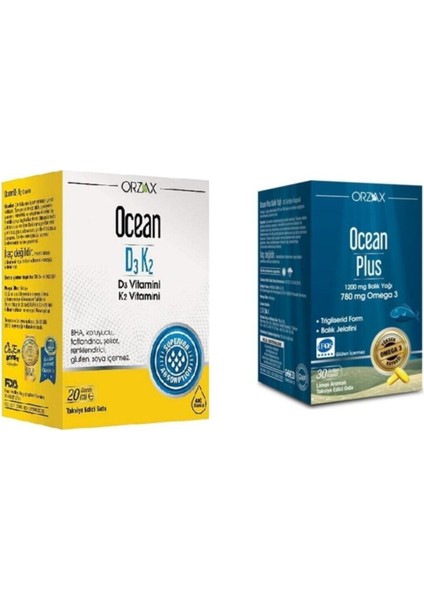 Ocean D3K2 20 ml Damla+ Ocean Plus 1200 Mg 30 Kapsül Limon Aromalı Balık Yağı