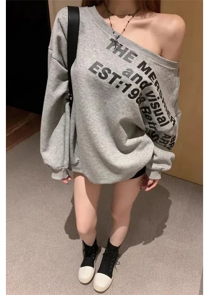 Gri Melanj The Mershier Omuz Dekolteli Y2K Sweatshirt