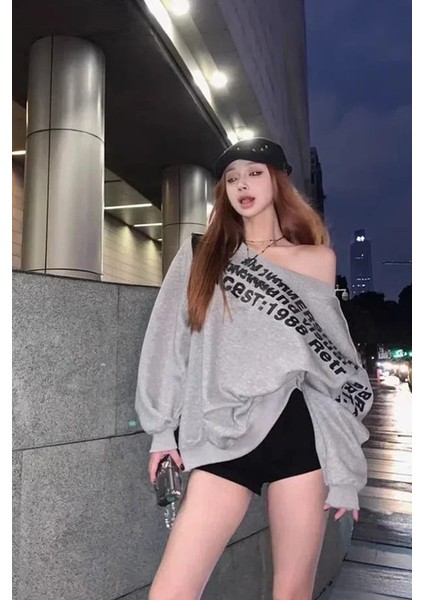 Gri Melanj The Mershier Omuz Dekolteli Y2K Sweatshirt fiyatları