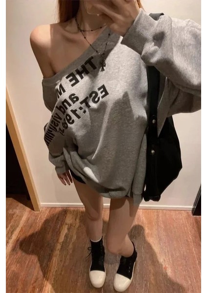 Gri Melanj The Mershier Omuz Dekolteli Y2K Sweatshirt modelleri