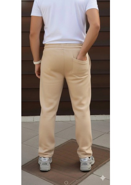 Erkek Üç Iplik Kışlık Pamuklu Ovarsize Bağcıklı Düz Paça Cepli Eşofman Altı Spor Rahat Model - Bej fiyatları