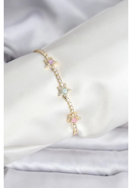 Renkli Yıldız Zirkon Taşlı Renk Pirinç Su Yolu Kadın Bileklik