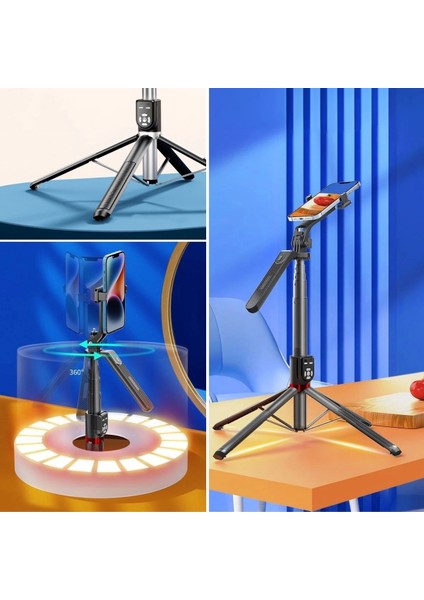 Kumandalı 360 Derece Dönebilen Cep Telefonu ve Kamera Tripodu 2.2m Uzayabilen Selfie Çubuğu fırsatları