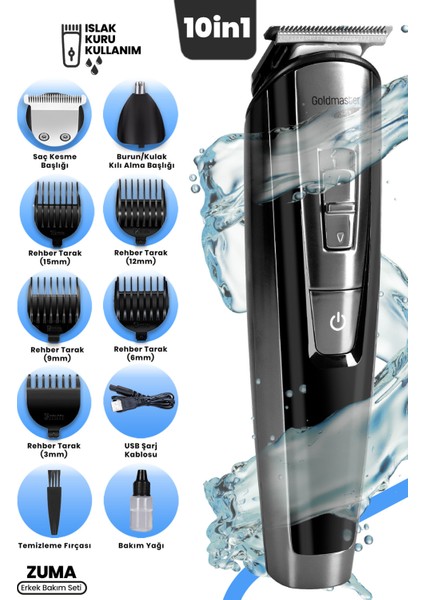 Zuma 10IN1 Erkek Bakım Seti, Kablolu ve Kablosuz Hızlı Şarjlı Full Standlı