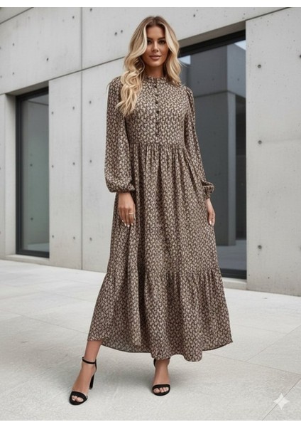 Kadın Uzun Kollu Hakim Yakalı Düğmeli Kemersiz Desenli Maxi Süprem Elbise