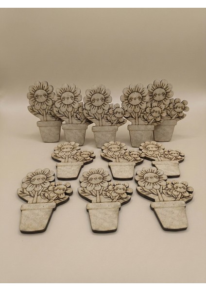 10'lu Set Ahşap Boyama Objesi Gülen Çiçekler Saksı - Çocuk Okul Öncesi ve Sınıf Içi Etkinlik Materyali modelleri