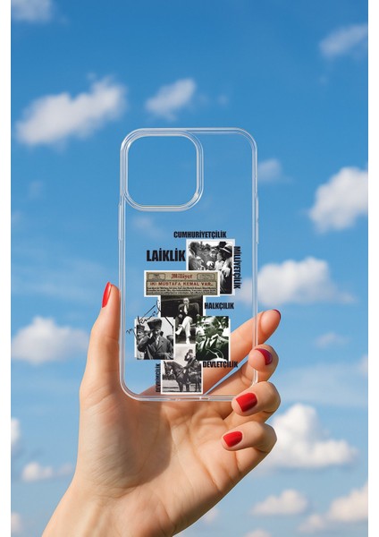 iPhone 16 Pro Uyumlu Soyulmayan Laiklik Kolaj Baskılı Şeffaf Yumuşak Kılıf