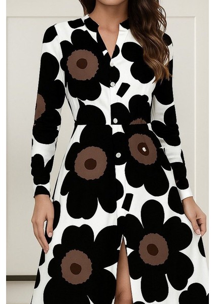 Kadın Yakalı Önden Düğmeli Çiçek Desenli Uzun Süprem Elbise fiyatları