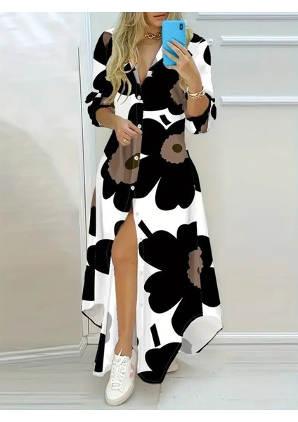 Kadın Yakalı Önden Düğmeli Çiçek Desenli Uzun Süprem Elbise modelleri