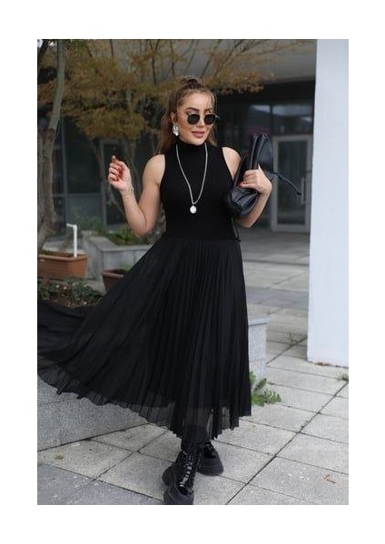 Kadın Triko Plise ve Tül Detay Iki Parça Elbise fırsatları