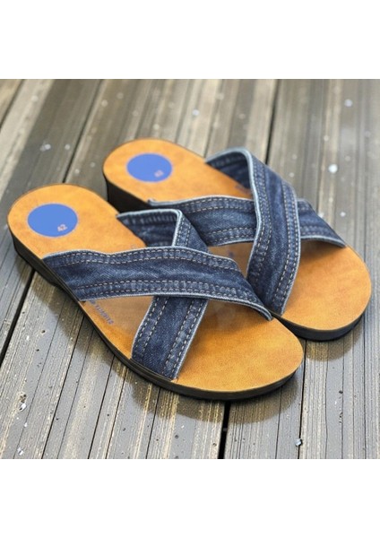 Kot Kumaş Çapraz Bantlı Erkek Terlik – Yumuşak Deri Taban