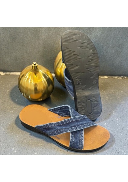 Kot Kumaş Çapraz Bantlı Erkek Terlik – Yumuşak Deri Taban fırsatları