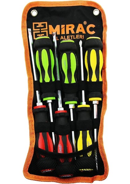Bez Çantalı Renkli - Kauçuk Kaplama Saplı Darbeli 6lı Set Çift Taraflı Tornavida Takımı (5047)