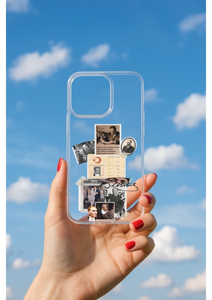 iPhone 17 Uyumlu Soyulmayan Nusuf Cüzdanı Kolaj Baskılı Şeffaf Yumuşak Kılıf