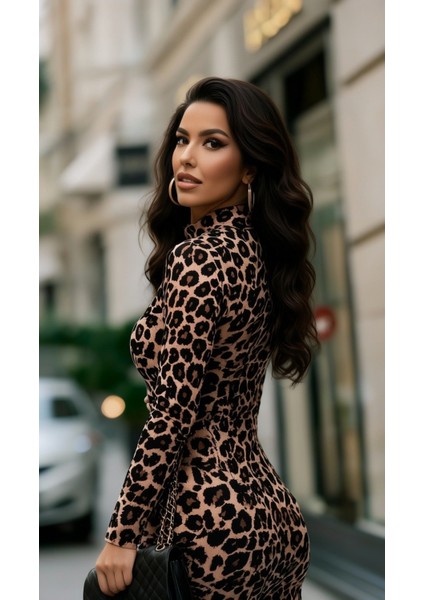 Kadın Uzun Kollu Balıkçı Yaka Leopar Desenli Midi Boy Elbise indirimleri