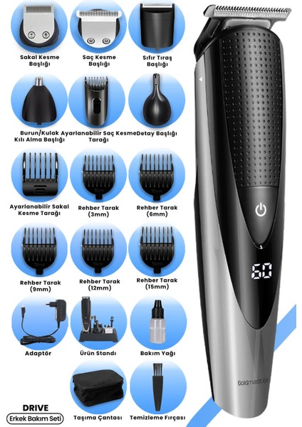 LED Ekranlı, Su Geçirmez, Taşıma Çantasıyla Erkek Bakım Seti ve Tıraş Makinesi