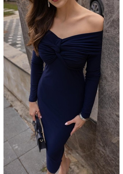 Kadın Uzun Kollu Madonna Yaka Düğüm Büzgü Detay Maxi Boy Elblbise