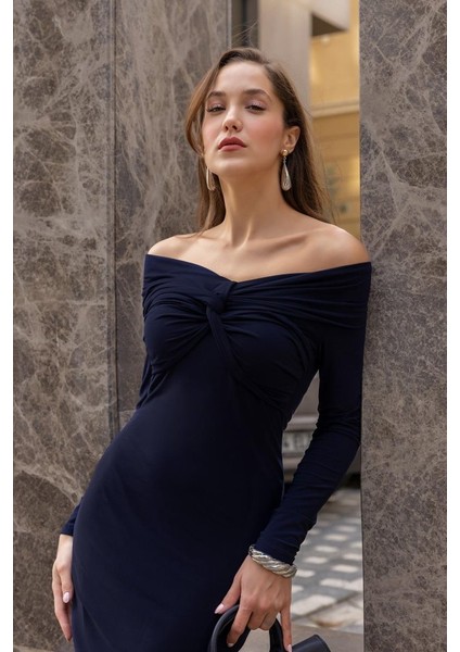 Kadın Uzun Kollu Madonna Yaka Düğüm Büzgü Detay Maxi Boy Elblbise fiyatları