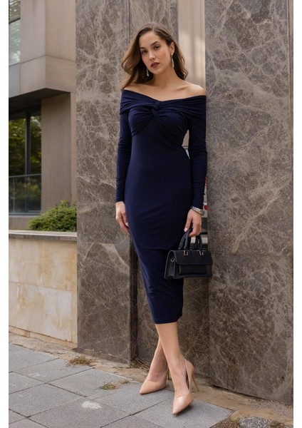 Kadın Uzun Kollu Madonna Yaka Düğüm Büzgü Detay Maxi Boy Elblbise indirimleri