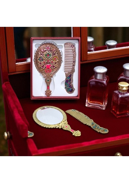 Antik Tarz Çiçek Desenli Ayna & Tarak Seti Küçük Boy Özel Üretim Vip