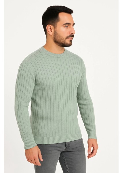 Erkek Bisiklet Yuvarlak Yaka Triko Kazak Pamuklu Kalın Fitilli Dokuma, Regular Fit Uzun Kollu Kışlık Model - Mint Yeşili