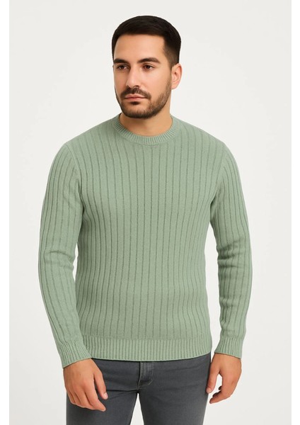 Erkek Bisiklet Yuvarlak Yaka Triko Kazak Pamuklu Kalın Fitilli Dokuma, Regular Fit Uzun Kollu Kışlık Model - Mint Yeşili fiyatları