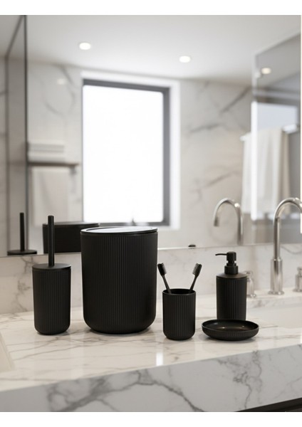 Çizgili 5 Li Banyo Seti Yuvarlak Siyah