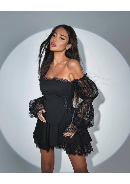 Lycra Lace & Striped Double Fabric Gipel Waterway Eyelet Detail Dress fiyatları