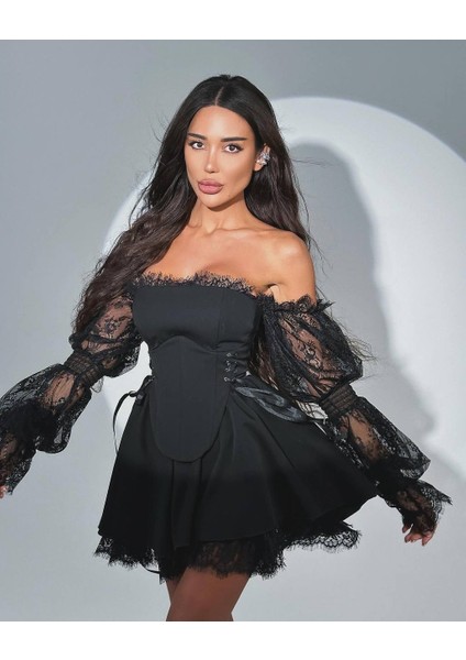 Lycra Lace & Striped Double Fabric Gipel Waterway Eyelet Detail Dress modelleri