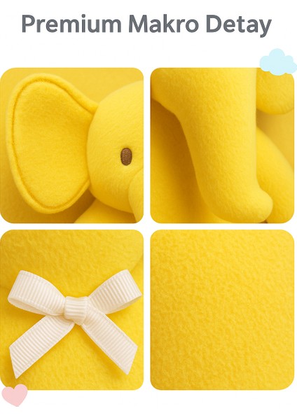 Sarı Fil Peluş Oyuncak 20×17 cm – Çocuk Odası Dekoru, Sevimli Bebek Hediyesi, Yumuşak Peluş Figür modelleri
