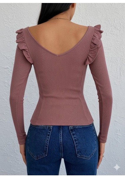 Kadın Omuz Fırfır Detay Uzun Kollu Bluz fiyatları