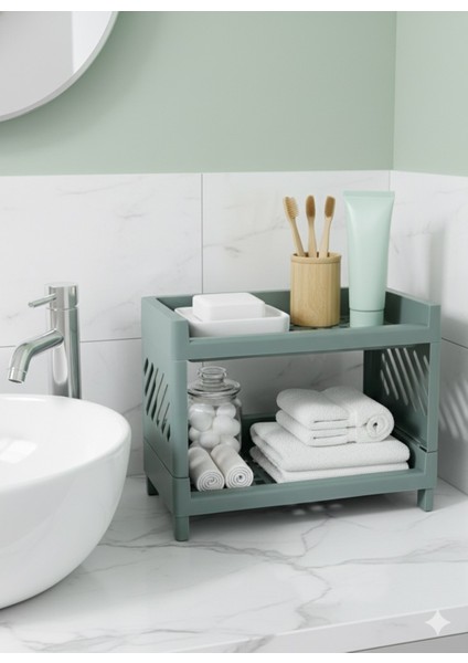 Banyo Mutfak Dolap Içi Düzenleyici Raf Organizer 2 Katlı Yeşil