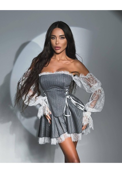 Lycra Lace & Striped Double Fabric Gipel Waterway Eyelet Detail Dress