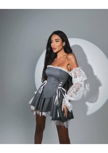 Lycra Lace & Striped Double Fabric Gipel Waterway Eyelet Detail Dress fiyatları