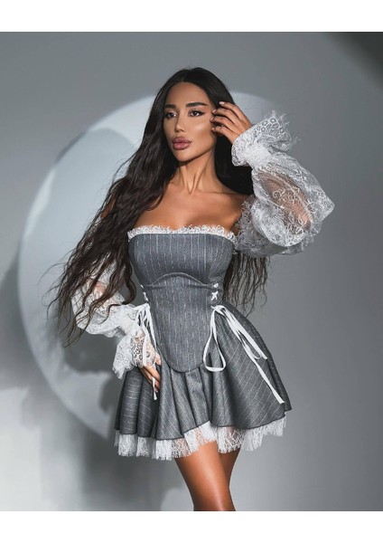 Lycra Lace & Striped Double Fabric Gipel Waterway Eyelet Detail Dress modelleri