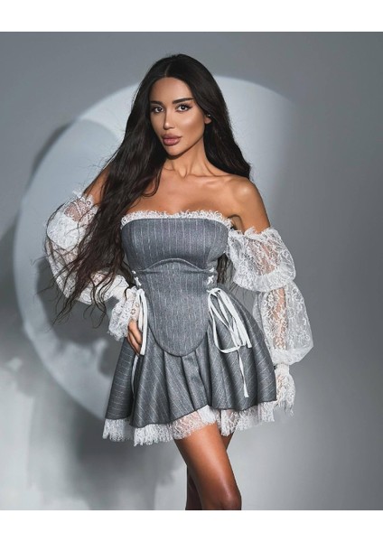 Lycra Lace & Striped Double Fabric Gipel Waterway Eyelet Detail Dress fırsatları