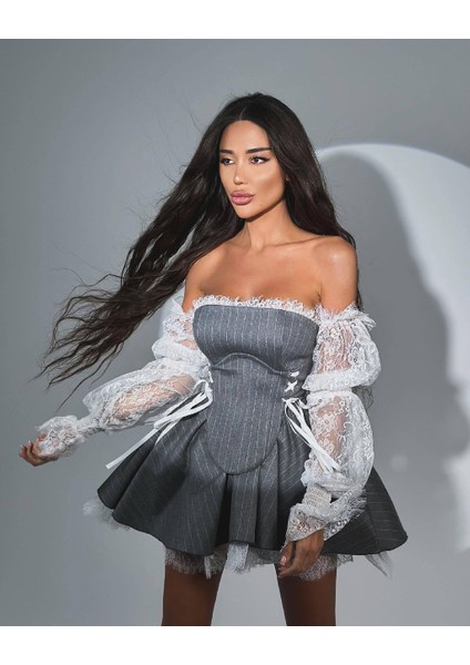 Lycra Lace & Striped Double Fabric Gipel Waterway Eyelet Detail Dress