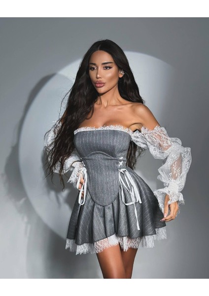 Lycra Lace & Striped Double Fabric Gipel Waterway Eyelet Detail Dress