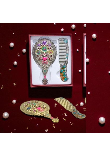 Antik Tarz Çiçek Desenli Ayna & Tarak Seti Küçük Boy Özel Üretim Vip