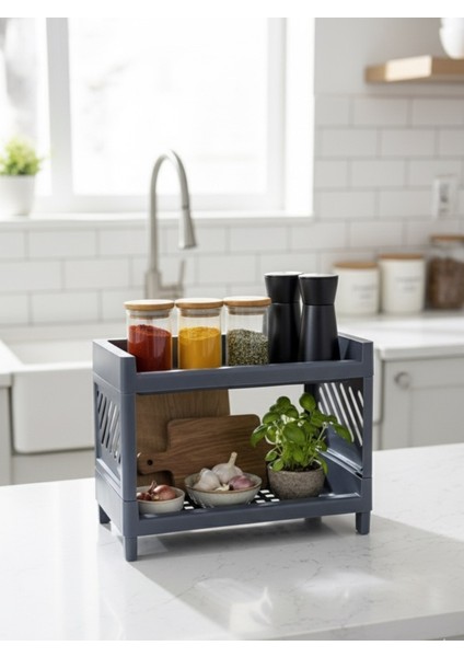 Banyo Mutfak Dolap Içi Düzenleyici Raf Organizer 2 Katlı Lacivert