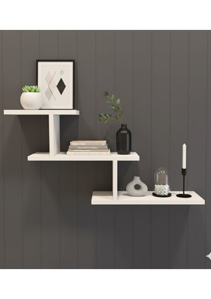 Üç Katlı T Şekilli Ahşap Raf Duvara Monte Depolama Rafı Beyaz