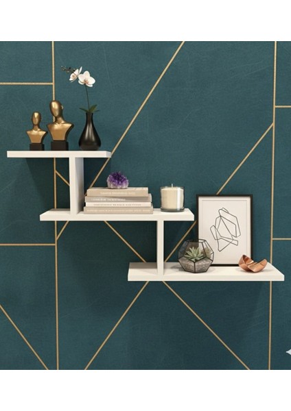 Üç Katlı T Şekilli Ahşap Raf Duvara Monte Depolama Rafı Beyaz fiyatları