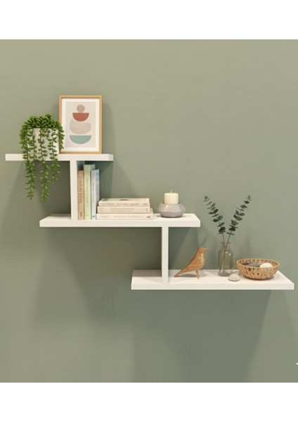 Üç Katlı T Şekilli Ahşap Raf Duvara Monte Depolama Rafı Beyaz modelleri
