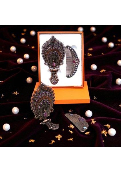 Tavuskuşu Tasarımlı Katlanabilir Ayna ve Tarak Seti Orta Boy Özel Üretim Vip