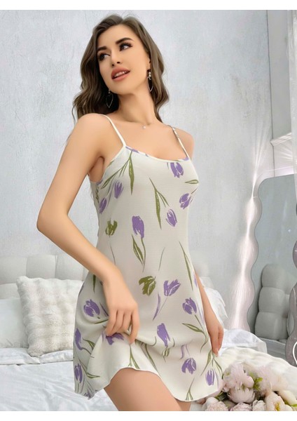 Kadın Beyaz Çiçekli Desenli Askılı Gecelik 5109 fiyatları