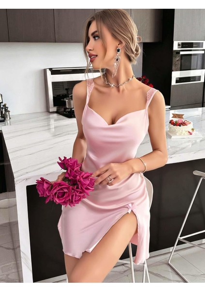 Kadın Saten Askılı Dantel Detaylı Gecelik - Pudra Pembe 2224